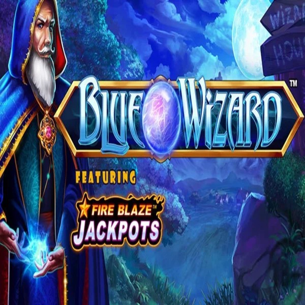 Blue Wizard Fire Blaze Jackpots online game logo by Rarestone Gaming on sstake.org